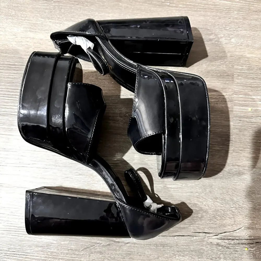 Black Patent Leather Platform Block Heel NEW Size 9